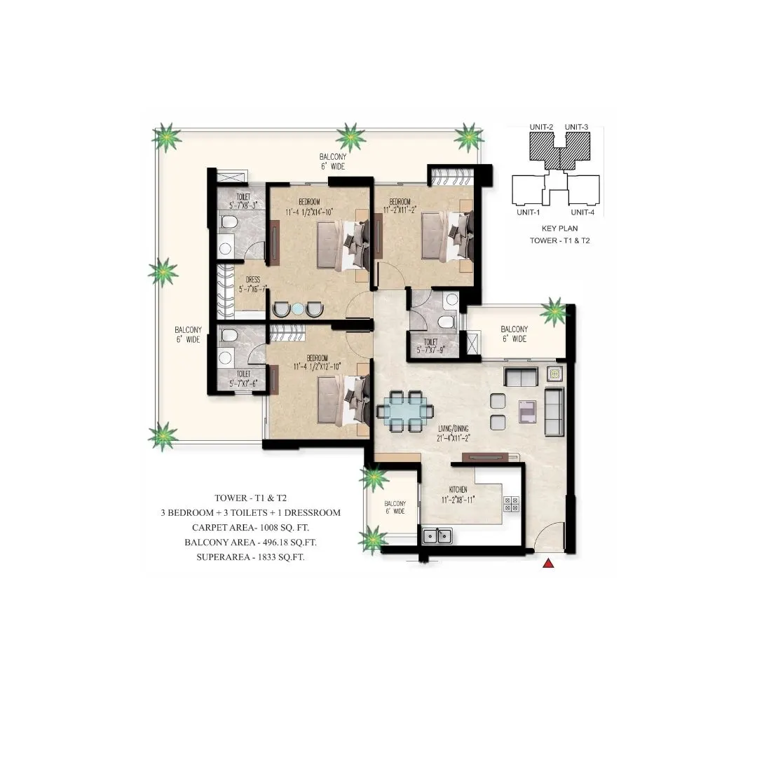 3 BHK + Servant Room