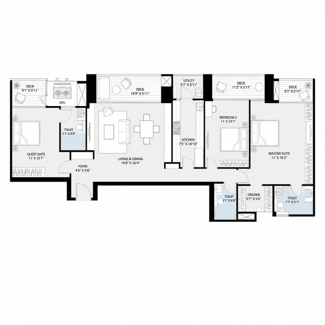 3 BHK – T6 – Type 1 Corner Unit