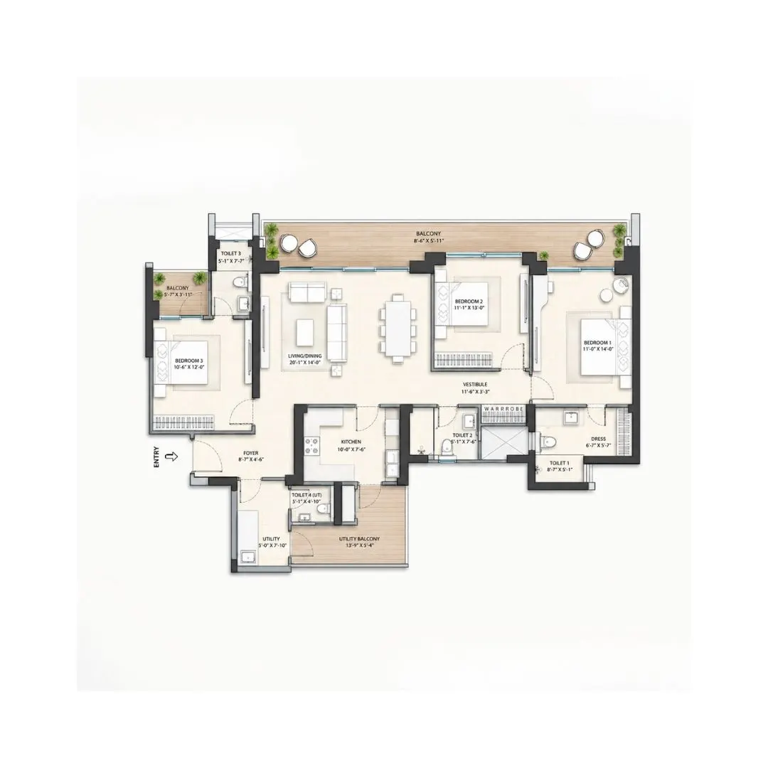 3BHK+UT (Type A-Type E)