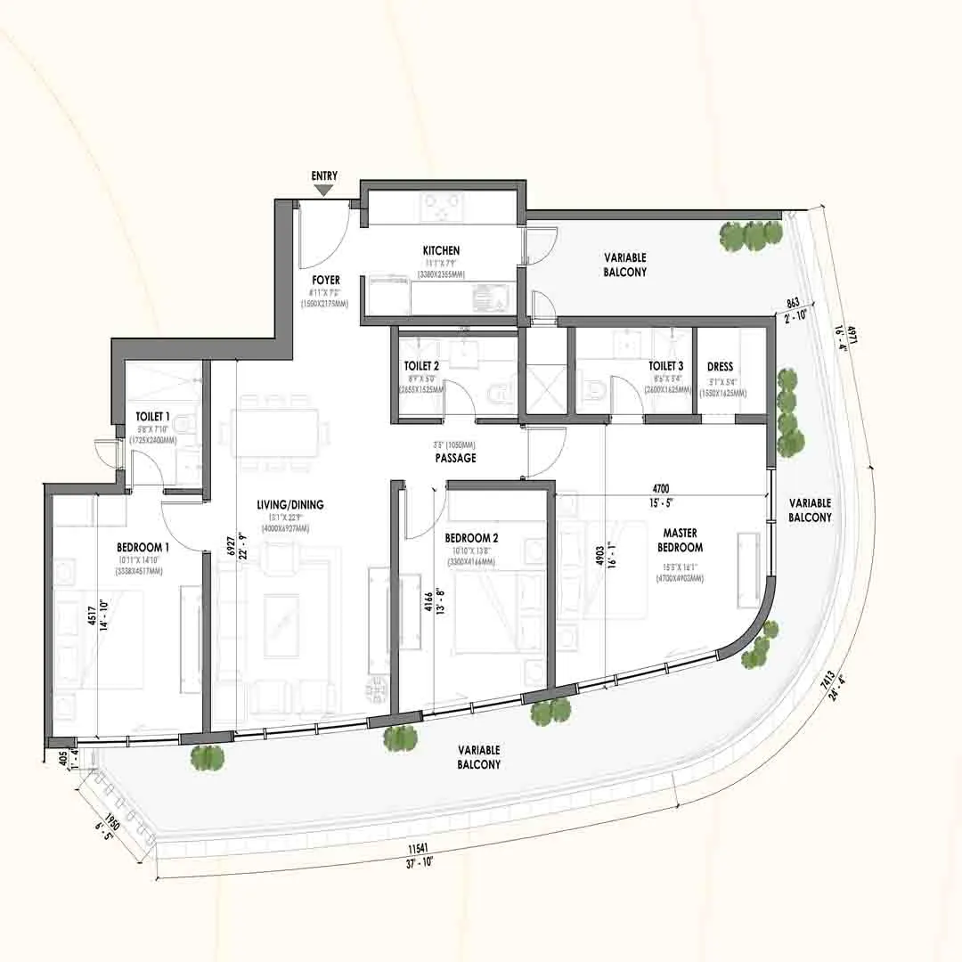 3BHK +SQ