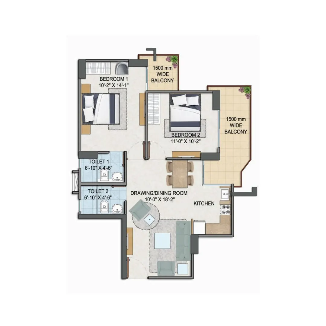 2BHK + Study Unit, Type = A