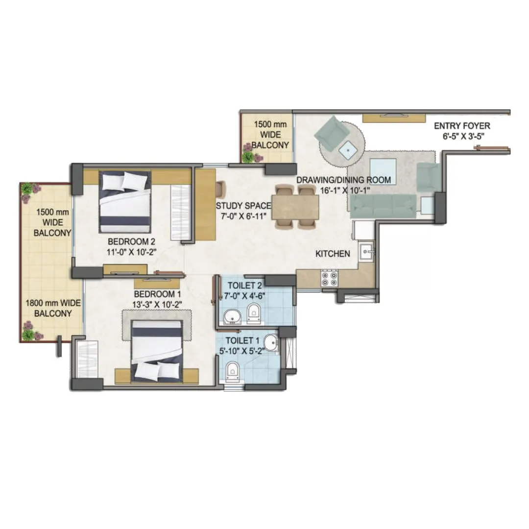 2BHK + Study Unit, Type = A1
