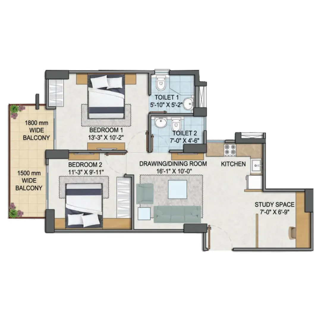 2BHK + Study Unit, Type = B