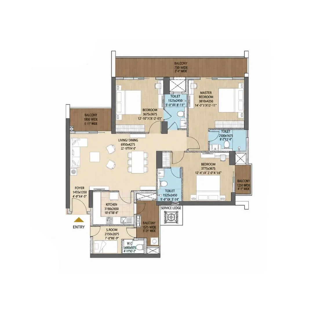 3 BHK + SR