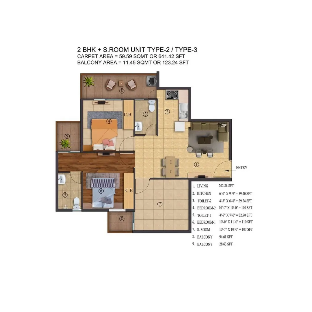2BHK+S/Room Type 2/Type 3