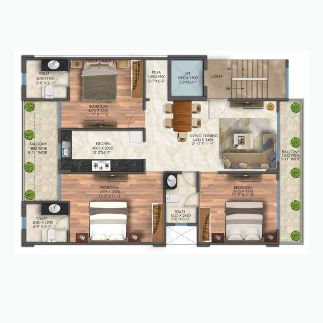 TYPE A 3BHK + 3 TOILET + POOJA ROOM