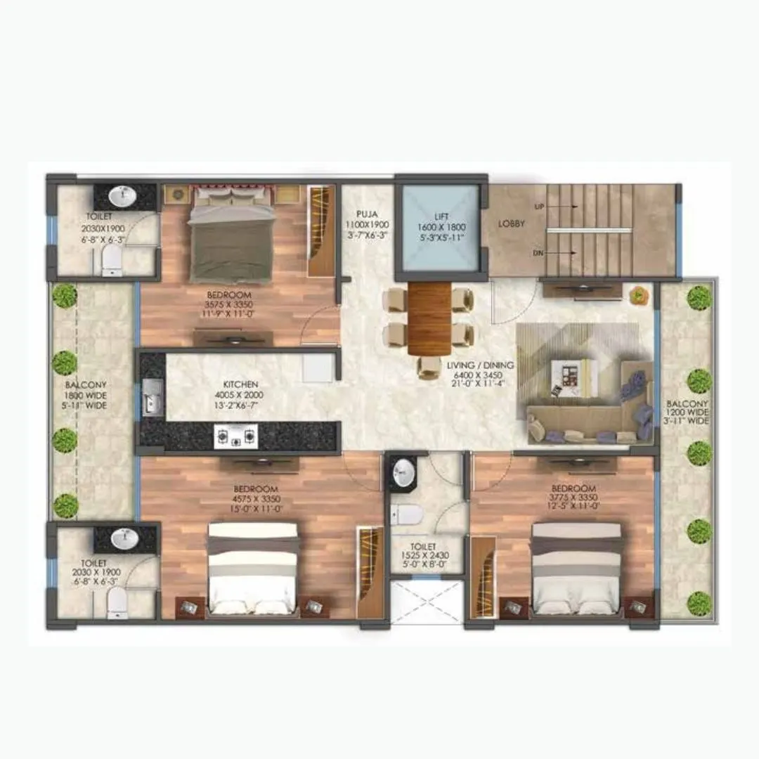 TYPE B 3BHK + 3 TOILET