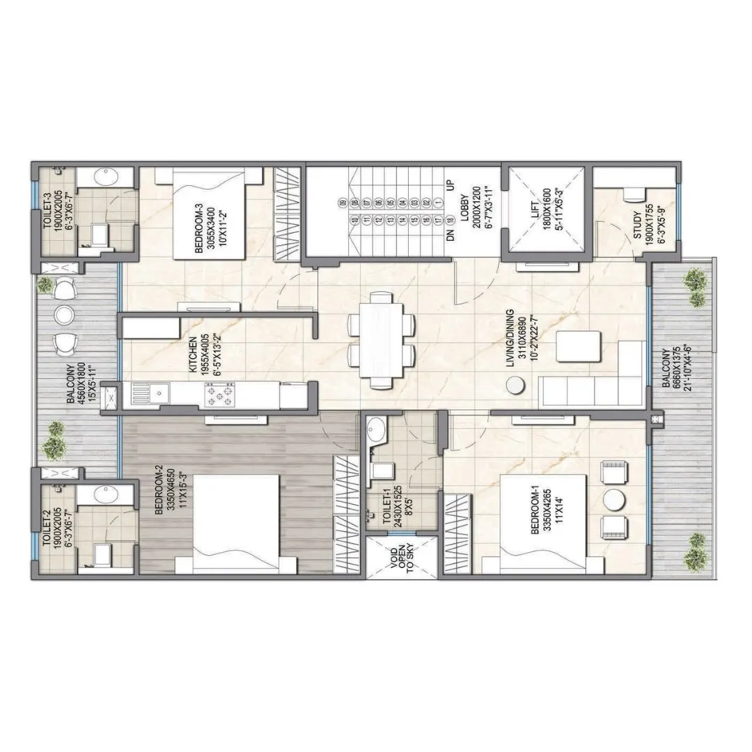 3BHK + 3TOILET + STUDY ROOM