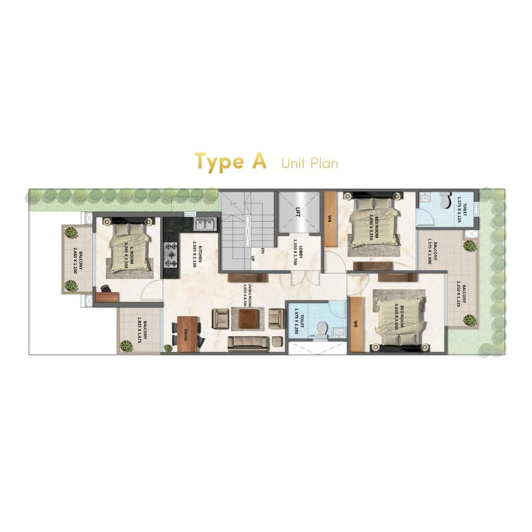 TYPE A – 2BHK + 2TOILET + STUDY ROOM