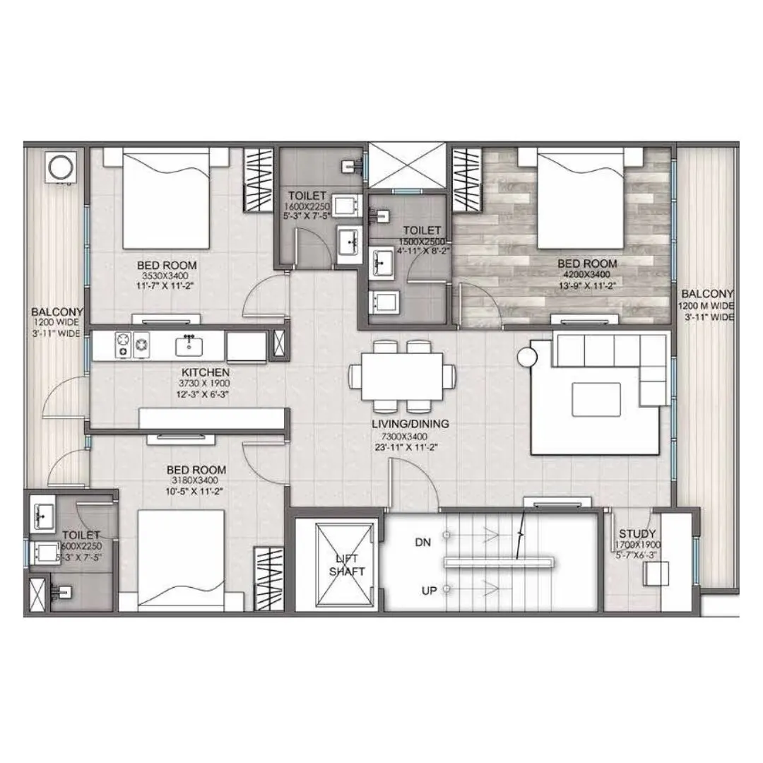 3 BHK + 3 TOILET + STUDY ROOM