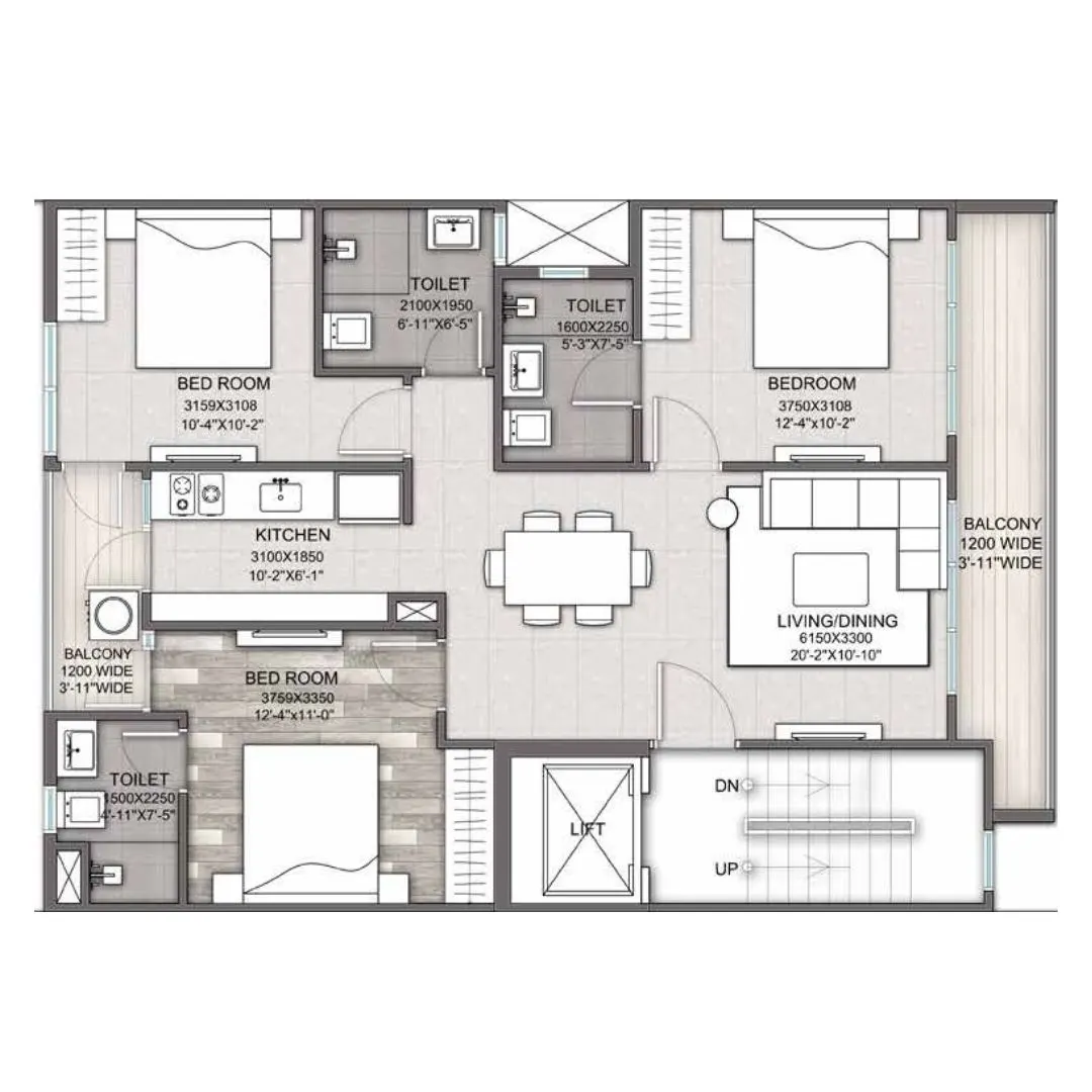 3 BHK + 3 TOILET