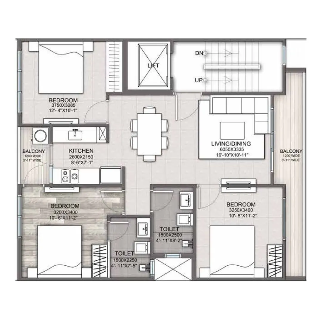 3 BHK + 2 TOILET